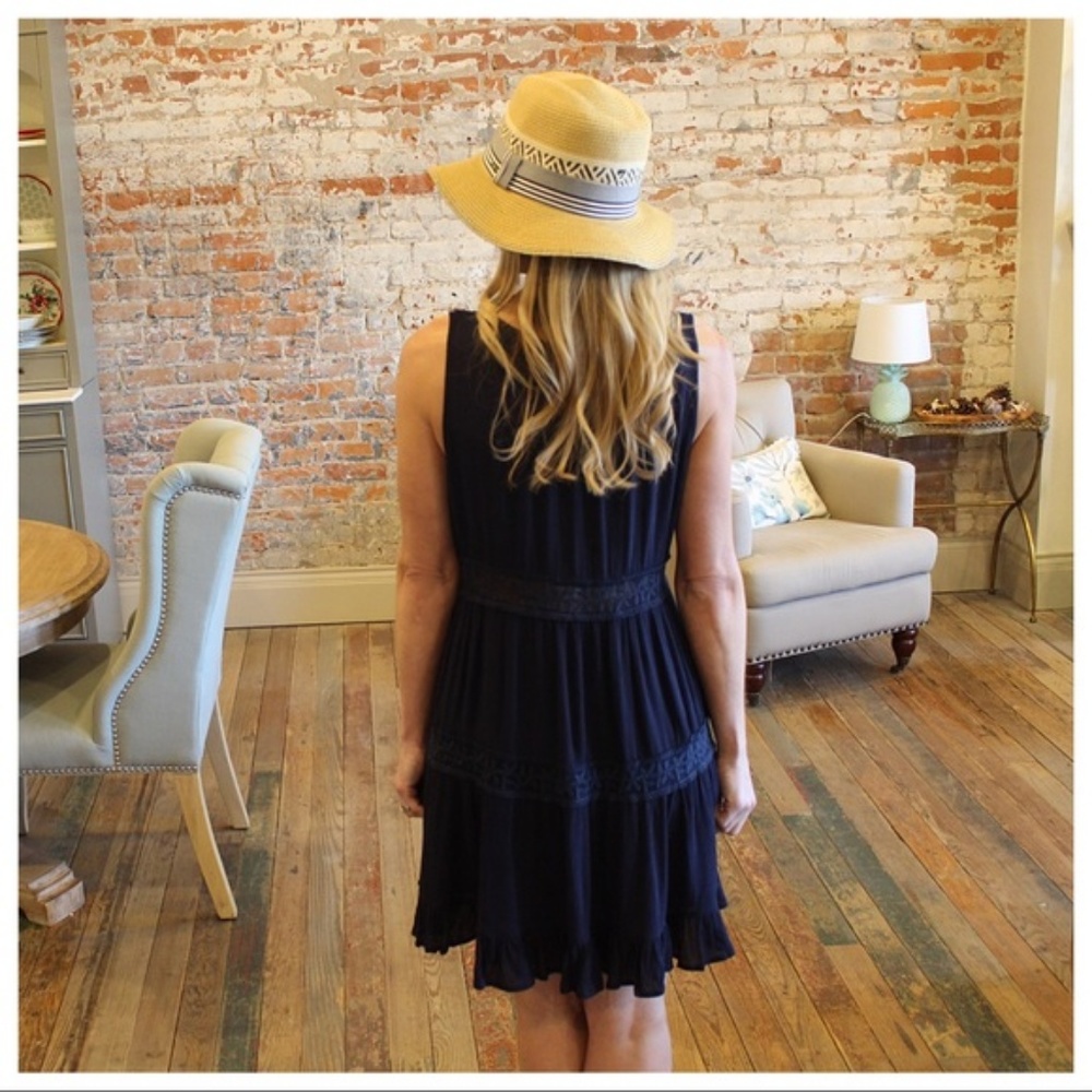 LAST ONE! Navy Sleeveless Lace Inset Dress - Picture 3 of 3
